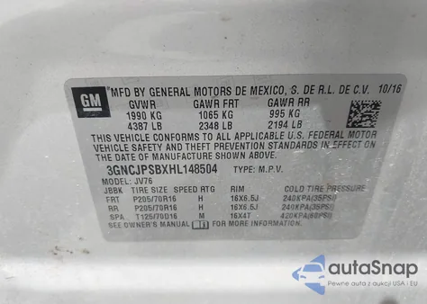 2017 Chevrolet Trax Lt из США, поврежденный, VIN 3GNCJPSBXHL148504